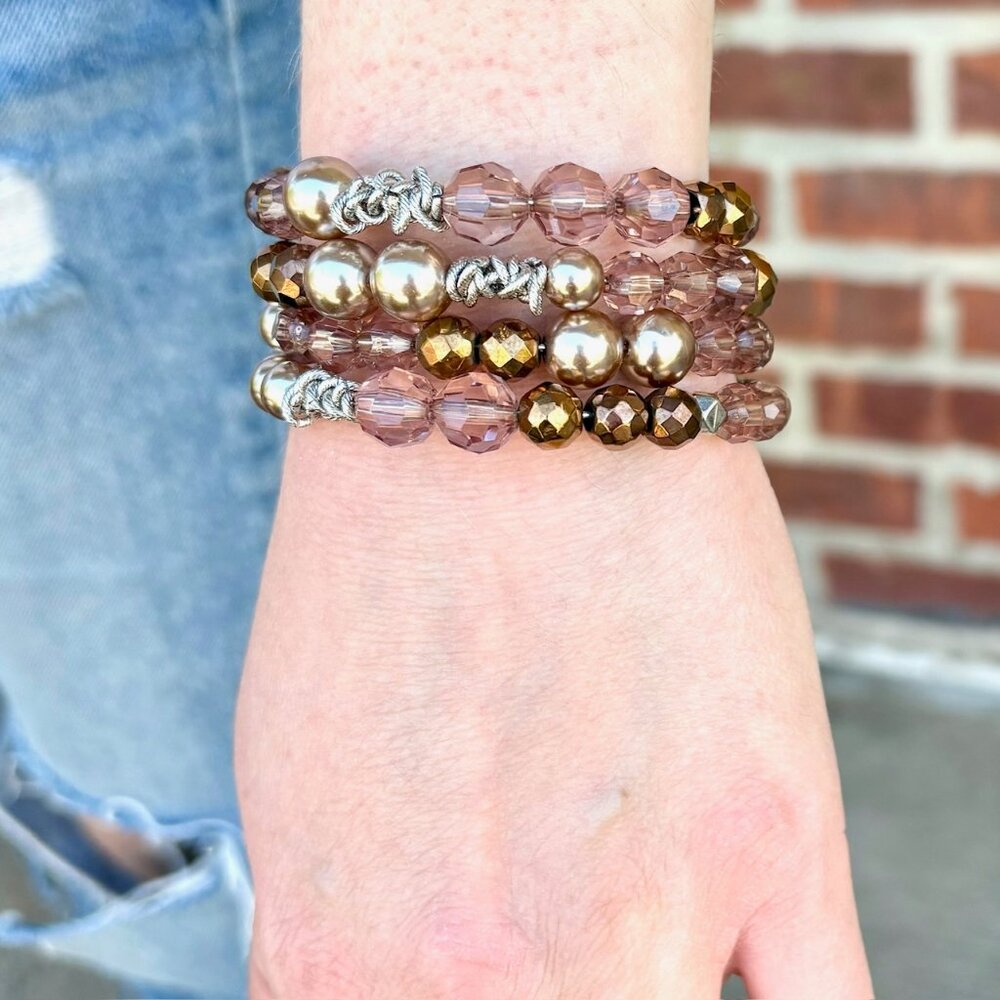 Wire Taupe and Silvertone Beaded Bangle Bracelet